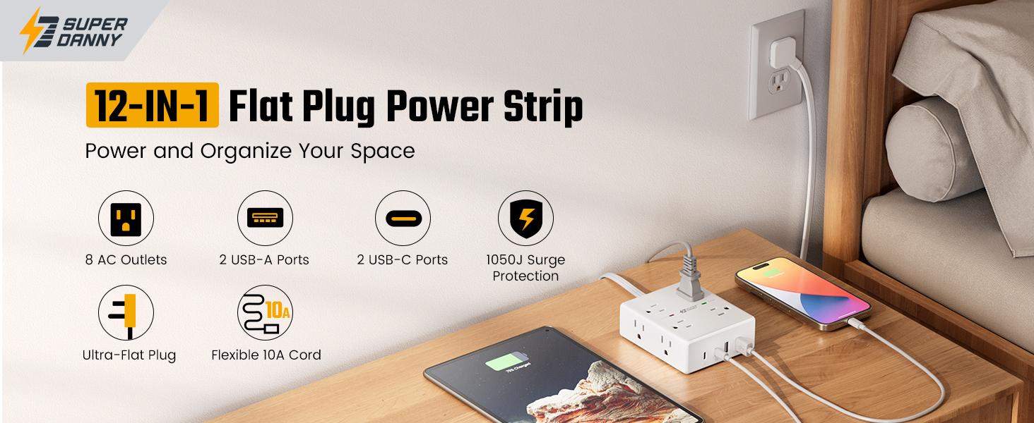 Flat Plug Protector Strip, 6ft Thin Extension Cord with 4 USB (2 USB C Port), 8 Outlets Desk Charging Station, Wall Mountable Outlet Extender for Home Office, College Dorm Room Flat Plug Protector Strip, 6ft Thin Extension Cord with 4 USB (2 USB C Port), 8 Outlets Desk Charging Station, Wall Mountable Outlet Extender for Home Office, College Dorm Room