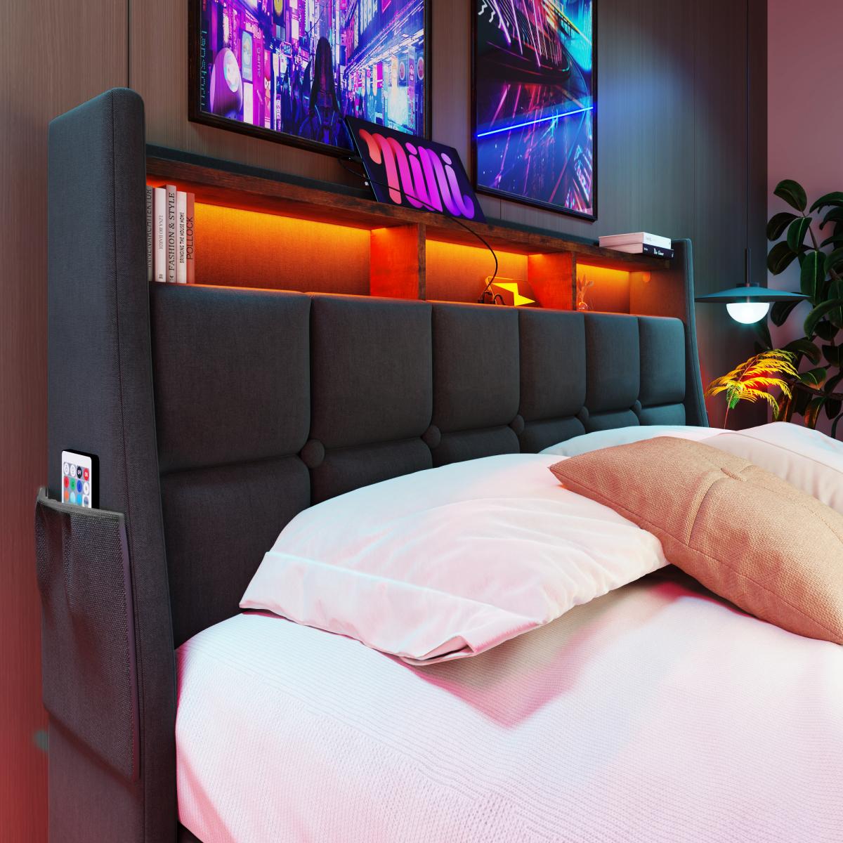 Soft padded platform bed with hydraulic storage system, LED and USB charging, natural (without mattress)