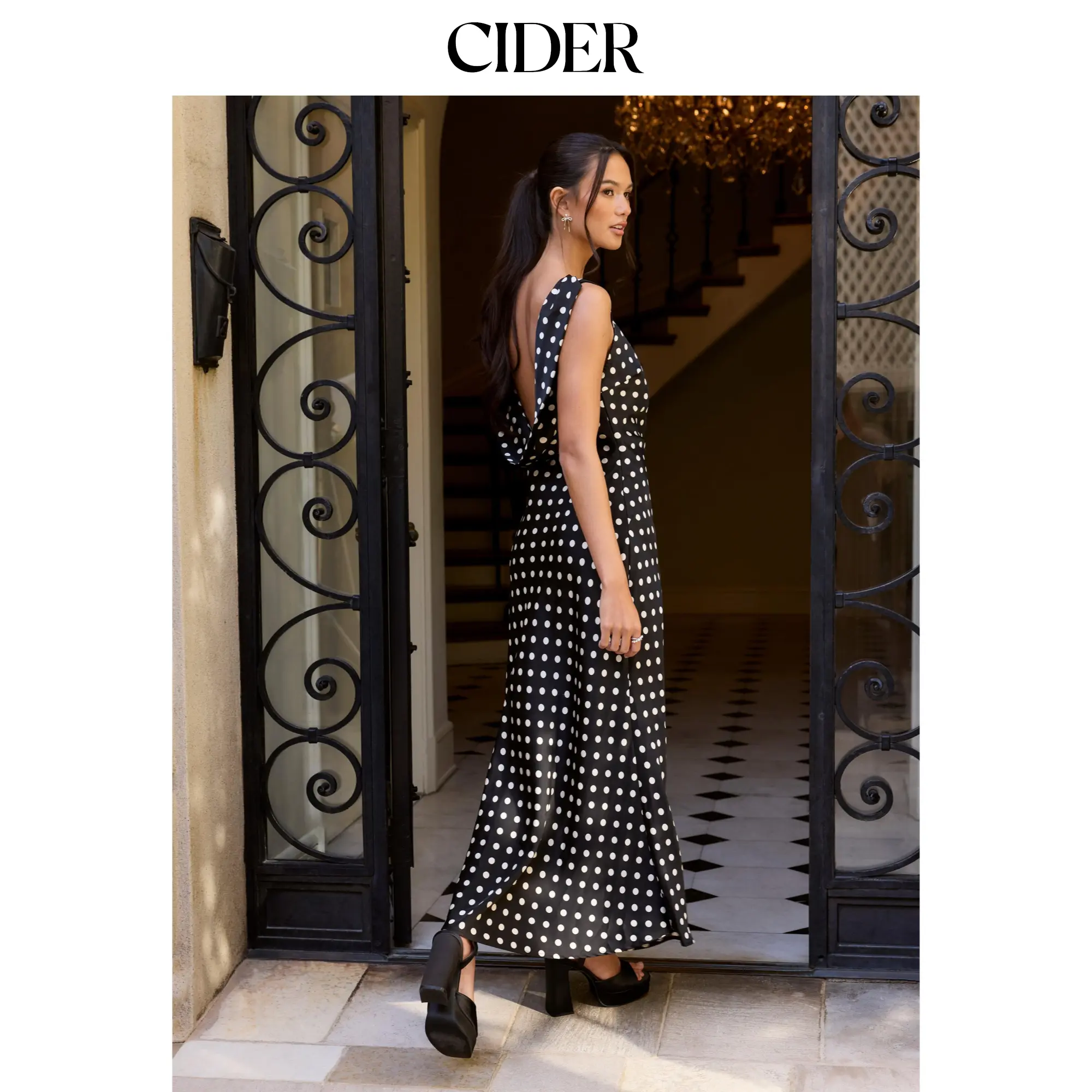Cider Mesh Polka Dot Cowl Neck Backless Mermaid Maxi Dress