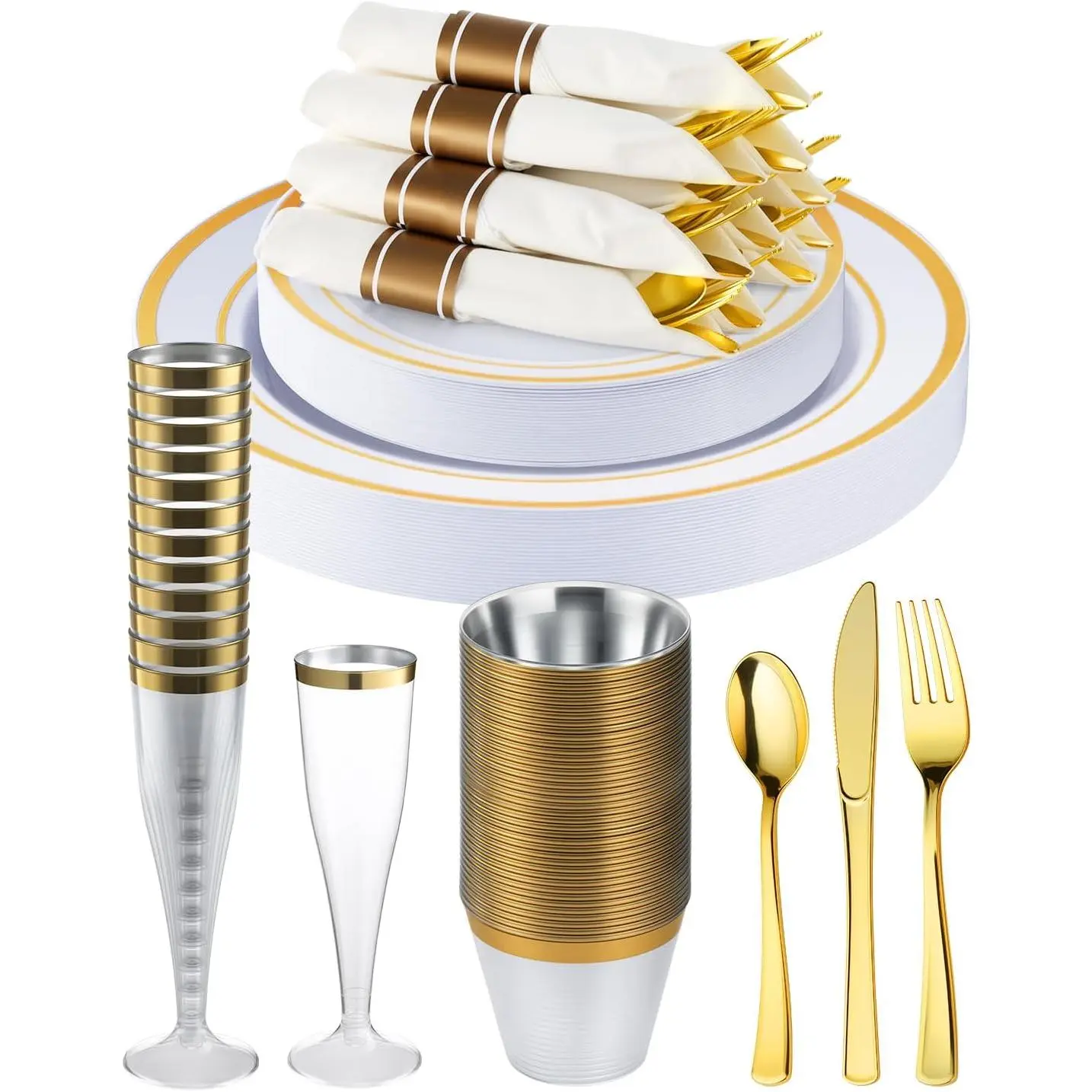 200 count Disposable  Party Plastic Plate Sets for 25 Guests | Include 25 Dinner Plates, 25 Dessert Plates, 25 Napkins with Silverware, 25 Cups, 25 Champagne Glasses, for Party, Wedding