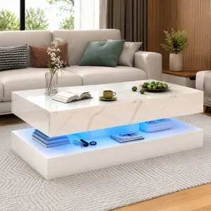 39/47inch Large High-Glossy LED Coffee Table With 2 Sliding Drawers, Living Room Storage Tables With Marbling Print, Modern Stylish Double-Layer Center Tables W/ USB Powered LED Lights