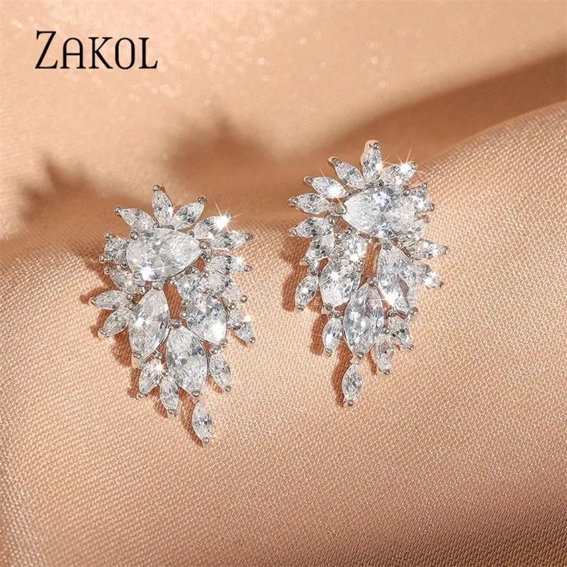 ZAKOL Elegant Flower Stud Earrings for Women Bridal Wedding Water Drop Cubic Zircon Fashion Jewelry Gift Brincos