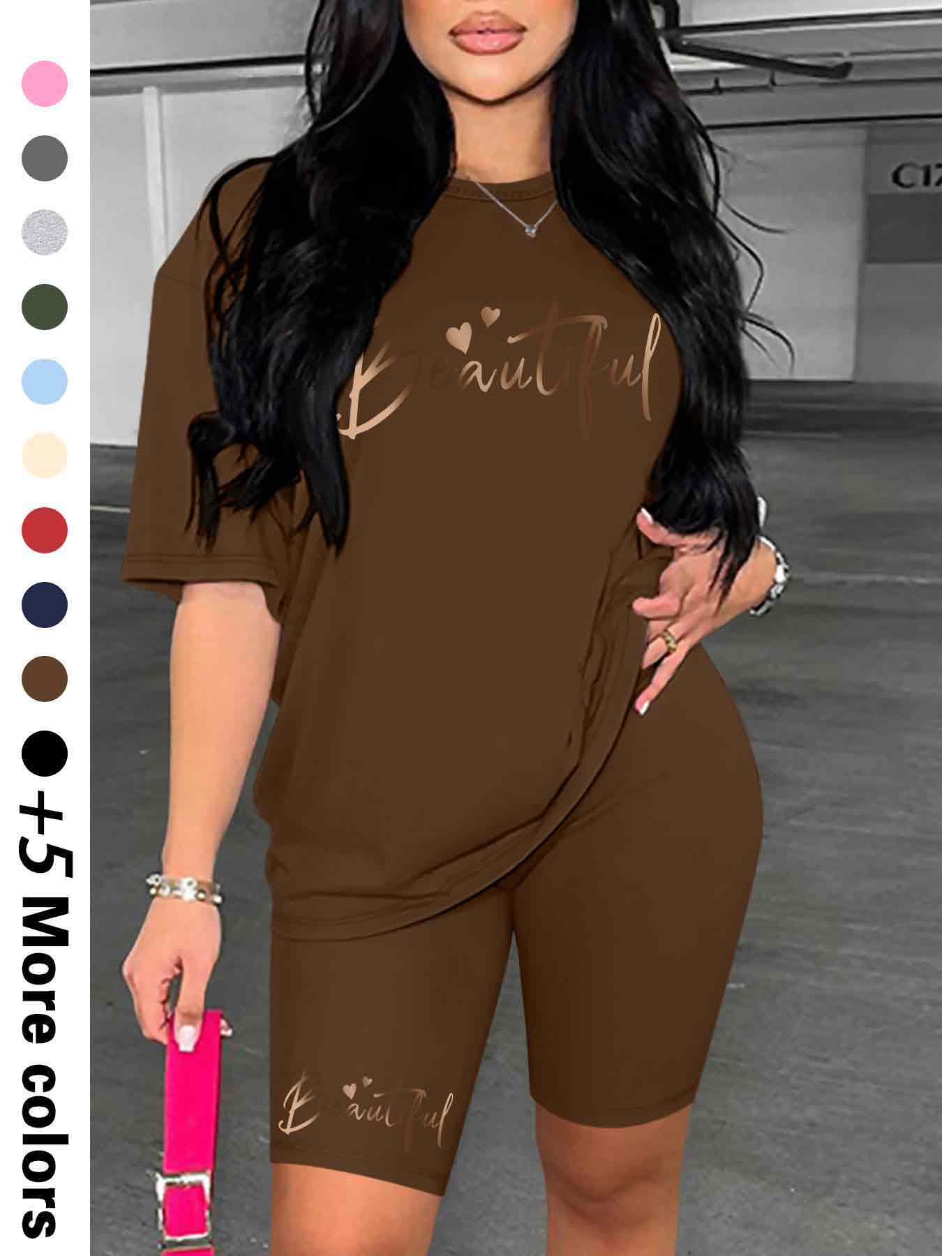 Two-Piece Set Women's Letter Print Crew Neck Tee & Skinny Shorts, Casual Fashion Cozy Round Neck Short Sleeve T-Shirt & Shorts for Daily Outdoor Wear, Ladies Summer Clothes