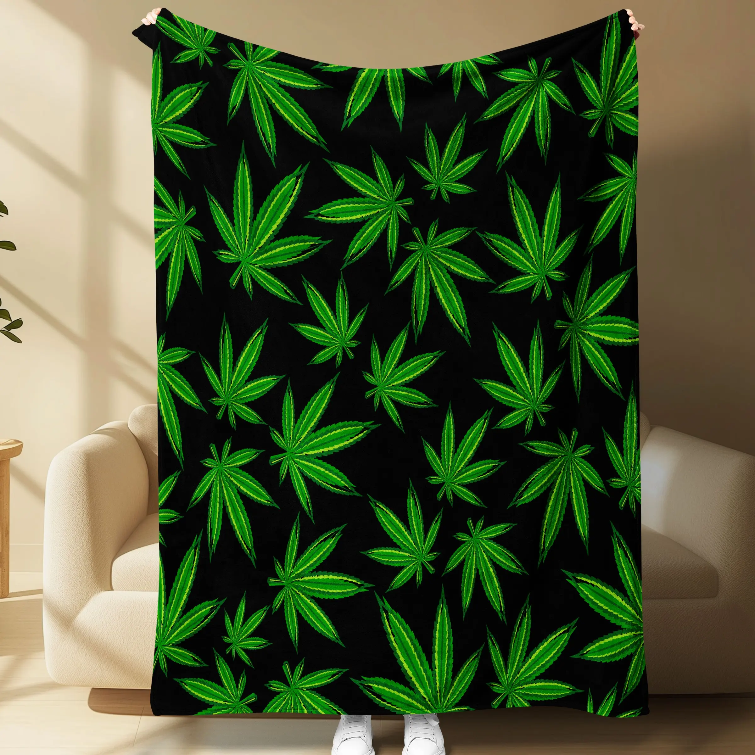 Cannabis Leaf Flannel Throw Blanket, Marijuana Pattern, Soft Cozy Warm Fleece Blanket, Home Decor, Halloween Gift