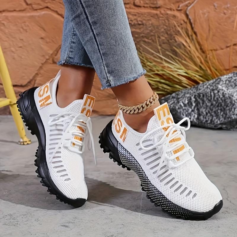 Women's Breathable Lightweight Knit Sneakers - Slip-Resistant PU Sole, Geometric Pattern & Orange Accents, All-Season Comfort for Running, Basketball, Tennis, Walking - Fashionable Casual Sneakers