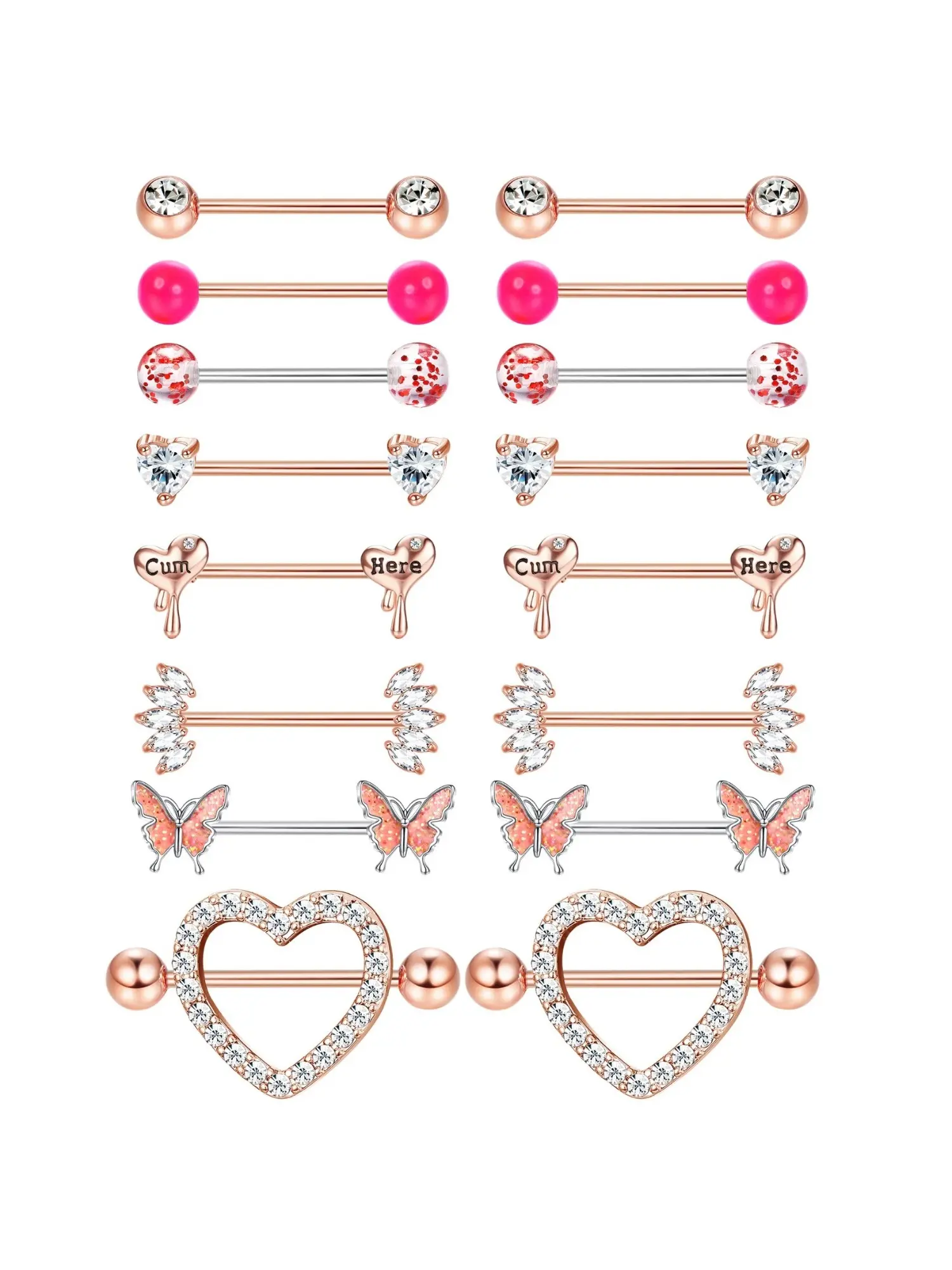 8 Pairs Dreamy Pinkish Rose Golden Hypoallergenic Stainless Steel Nipple Rings for Unisex Multi-Scene Body Piercing Styling Complete Multi-Ornament Piercing Set Glittering CZ Encrusted Heart Charms Detailed Butterfly Pendants Straight Barbells