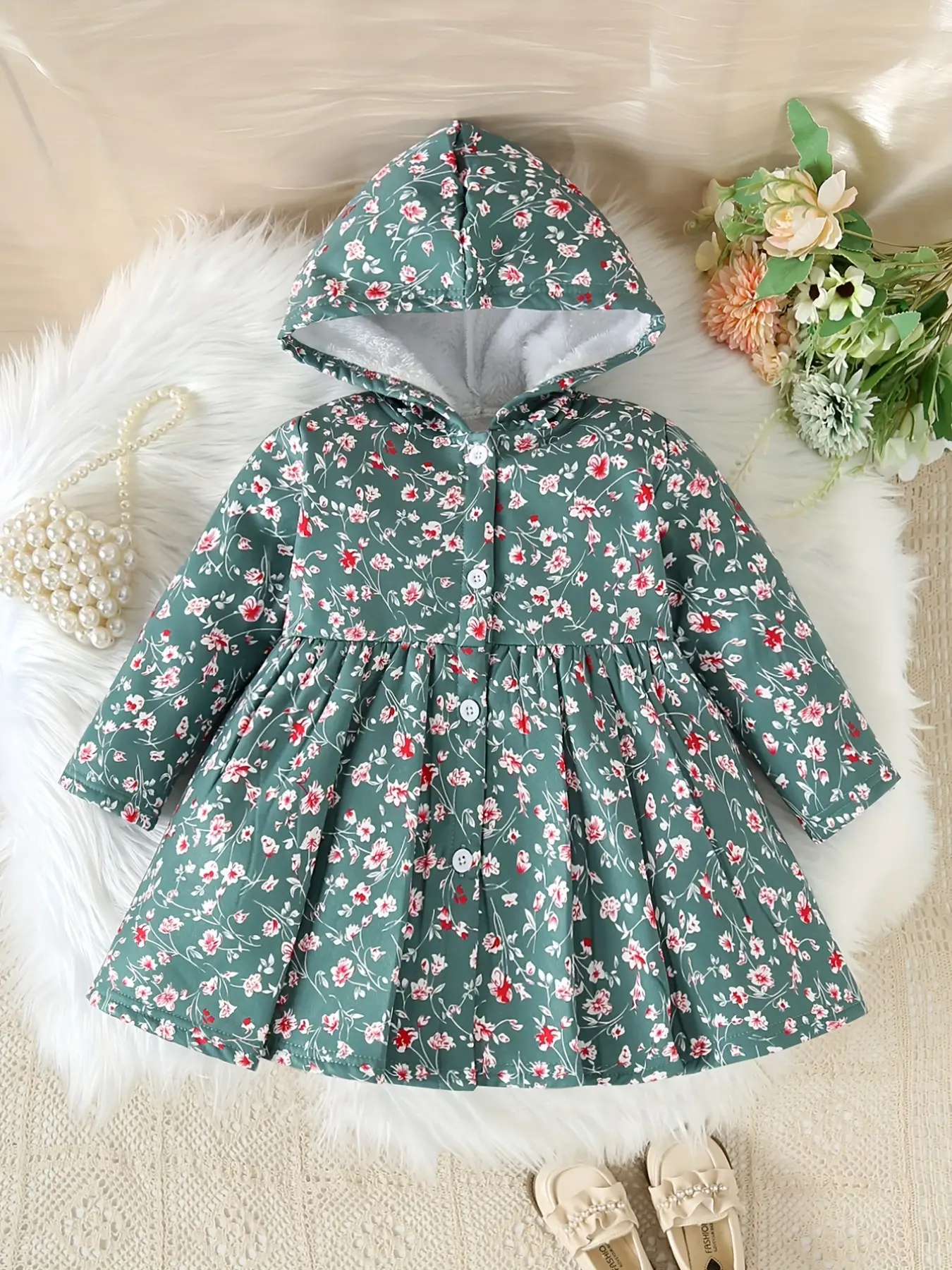 New Fall Winter Baby Girl Warm Cozy Hooded Open Front Coat, Floral Princess Dress, Elegant Fashion, Comfortable Outdoor Wear, Perfect Birthday Gift