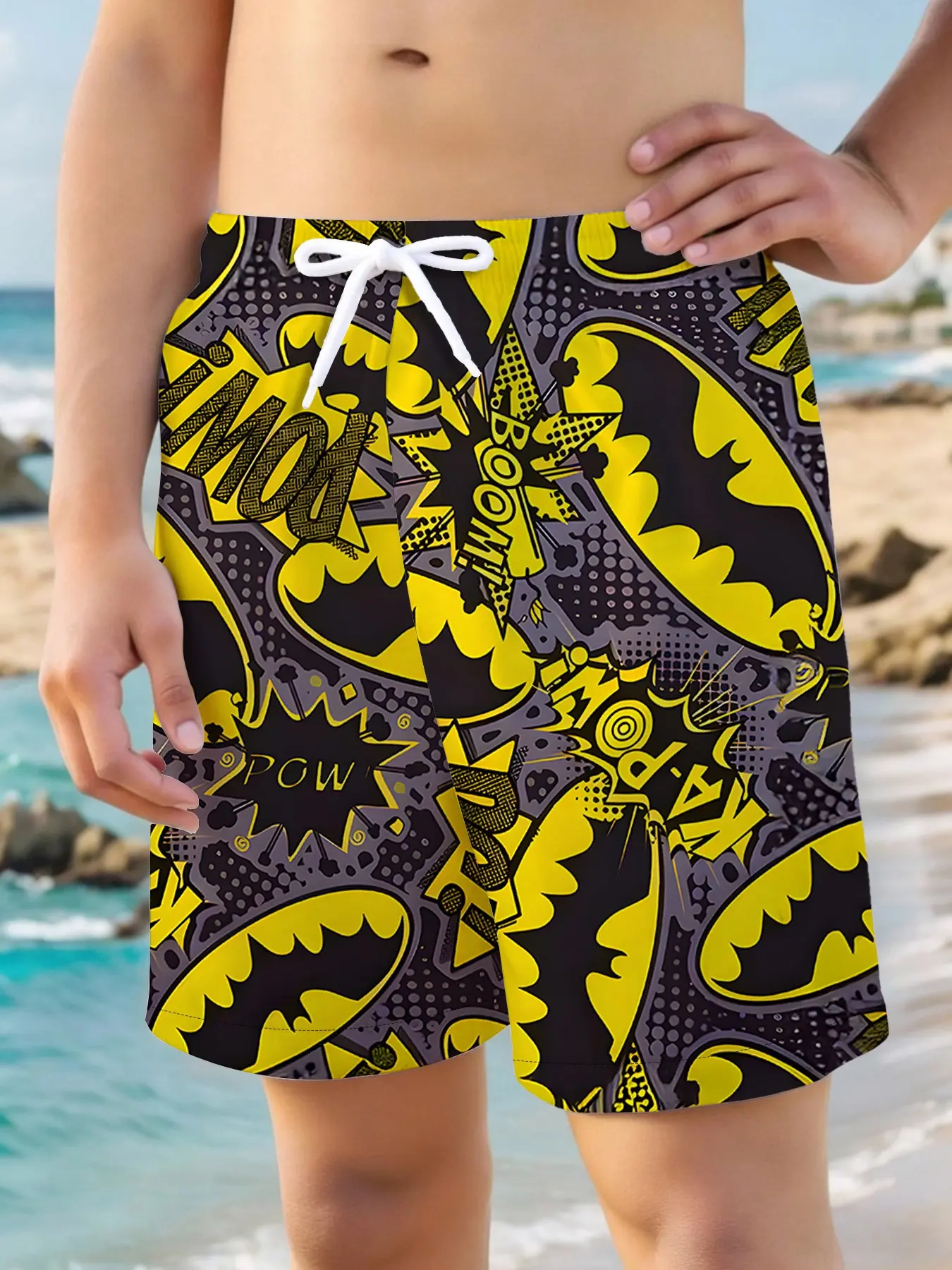 Warner Bros. Official Boys' Beach Shorts, Dc Comics Batman Print, Casual Loose-Fit, Short Hems, Summer Outdoor Wear, Back-To-School