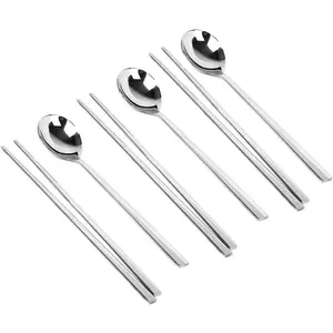 Polished Stainless Steel Reusable Long-hand Korean Chopsticks and Spoons Tableware Set, 3 Pcs Silver