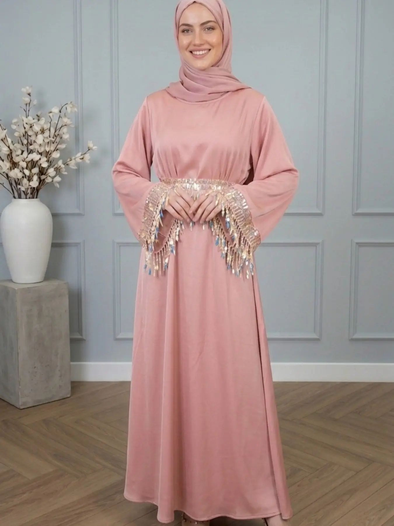 Elegant Feather Sequin Fringe Modest Abaya Dress with Belt, Perfect for Parties, Daily Wear, Home, Dates, Stylish Long Robe, Belted Abaya Dress