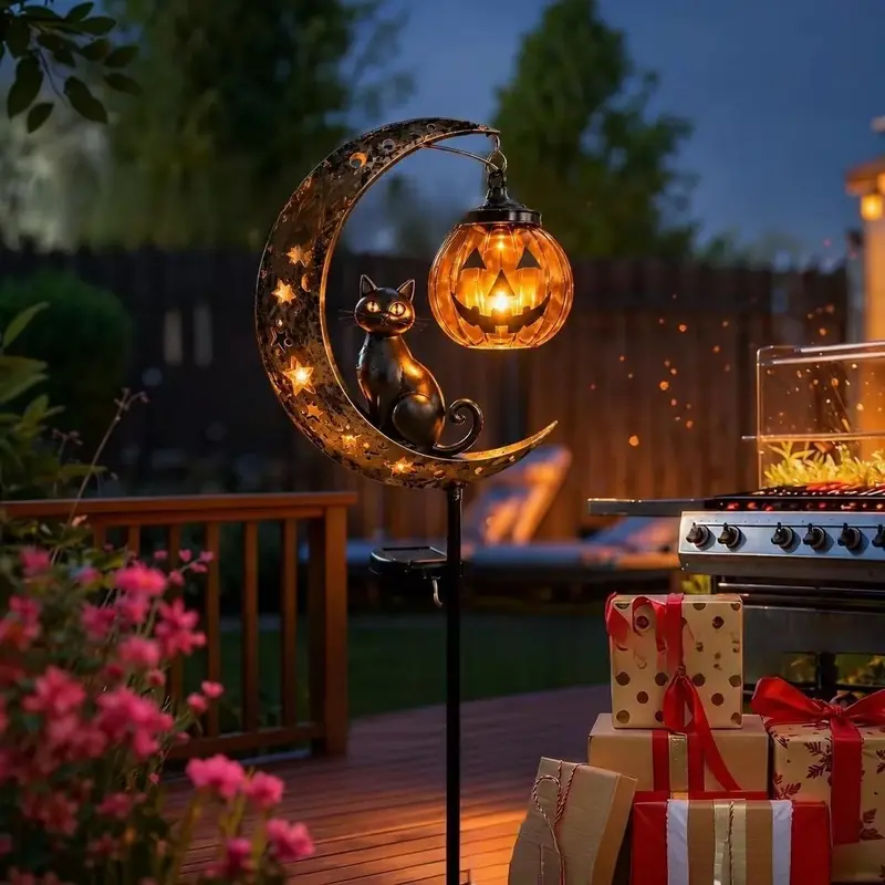 Halloween solar-powered ground-mounted patio light, pumpkin, moon, and black cat shaped, outdoor garden decorative ambient light.
