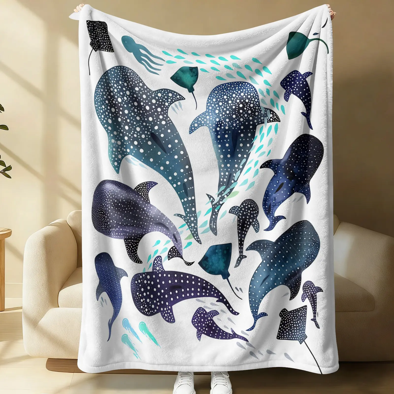 Watercolor Whale Shark Stingray Octopus Print Flannel Blanket, Oversized Multi-Functional Lightweight Air Conditioning Throw, Soft Fleece for Home Napping Travel Camping Outdoor, Cute Aesthetic Gift For Sea Animal Lovers