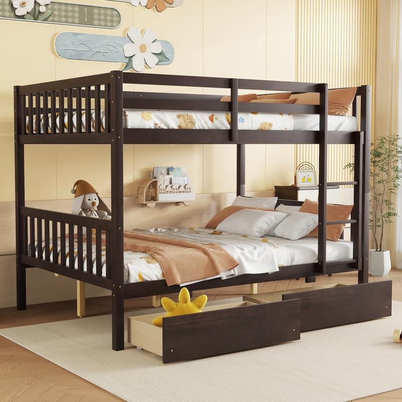 full Over full Rubber Wood Bunk Bed with 2 Drawers, Convertible into 2 full Beds, full Size Bunk Bed with Ladder and Safety Guardrails ,Espresso