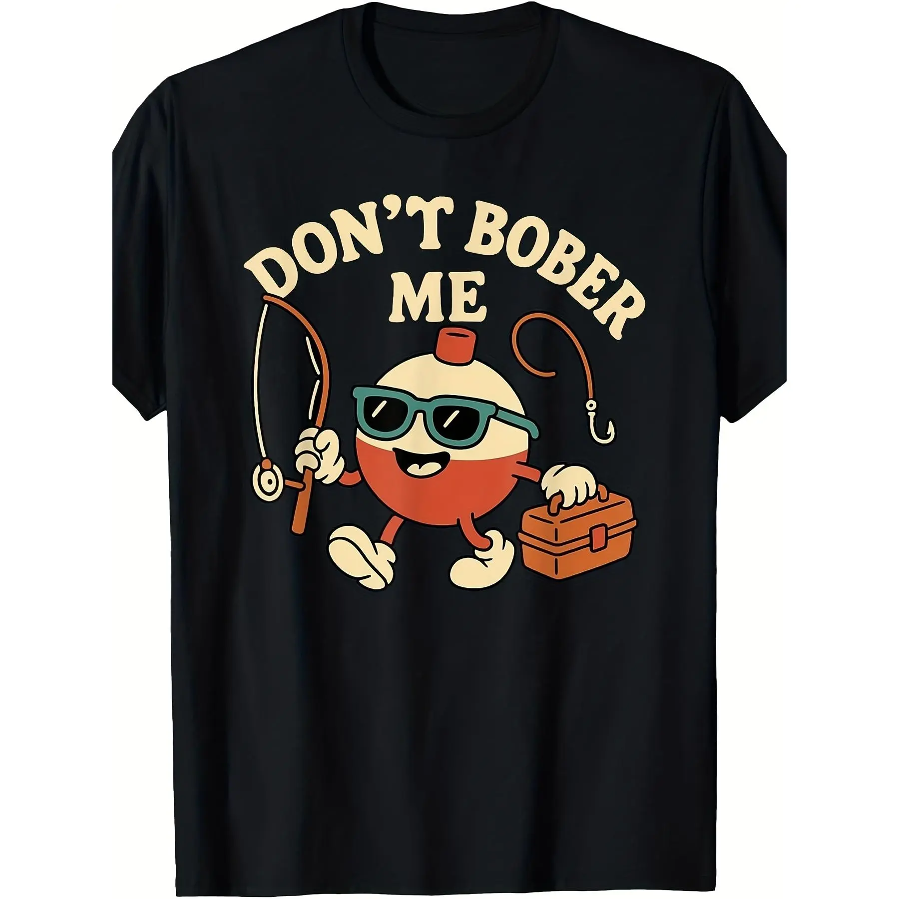 Casual Loose Fit T-Shirt with Humorous Bobber Graphic, Sporty Round Neck Shortsleeve Top in Smooth Knit Fabric for All Seasons, Tshirt, Humorous Print, Machine Wash, Polyester, Humor Print