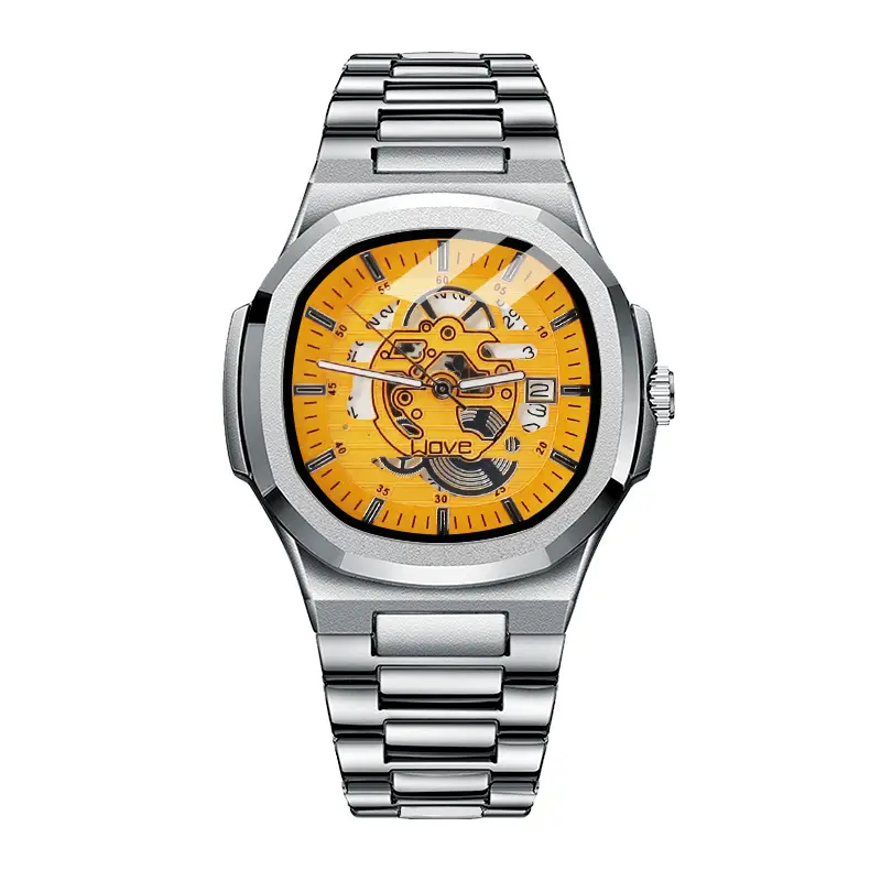 Square Hollow Men’s Quartz Watch, Nautilus Style Stainless Steel Wristwatch, Business Fashion Automatic Look Skeleton Dial Date Waterproof Luxury Statement Watch For Men, Cheap Watches That Look Expensive, Perfect Gift For Him