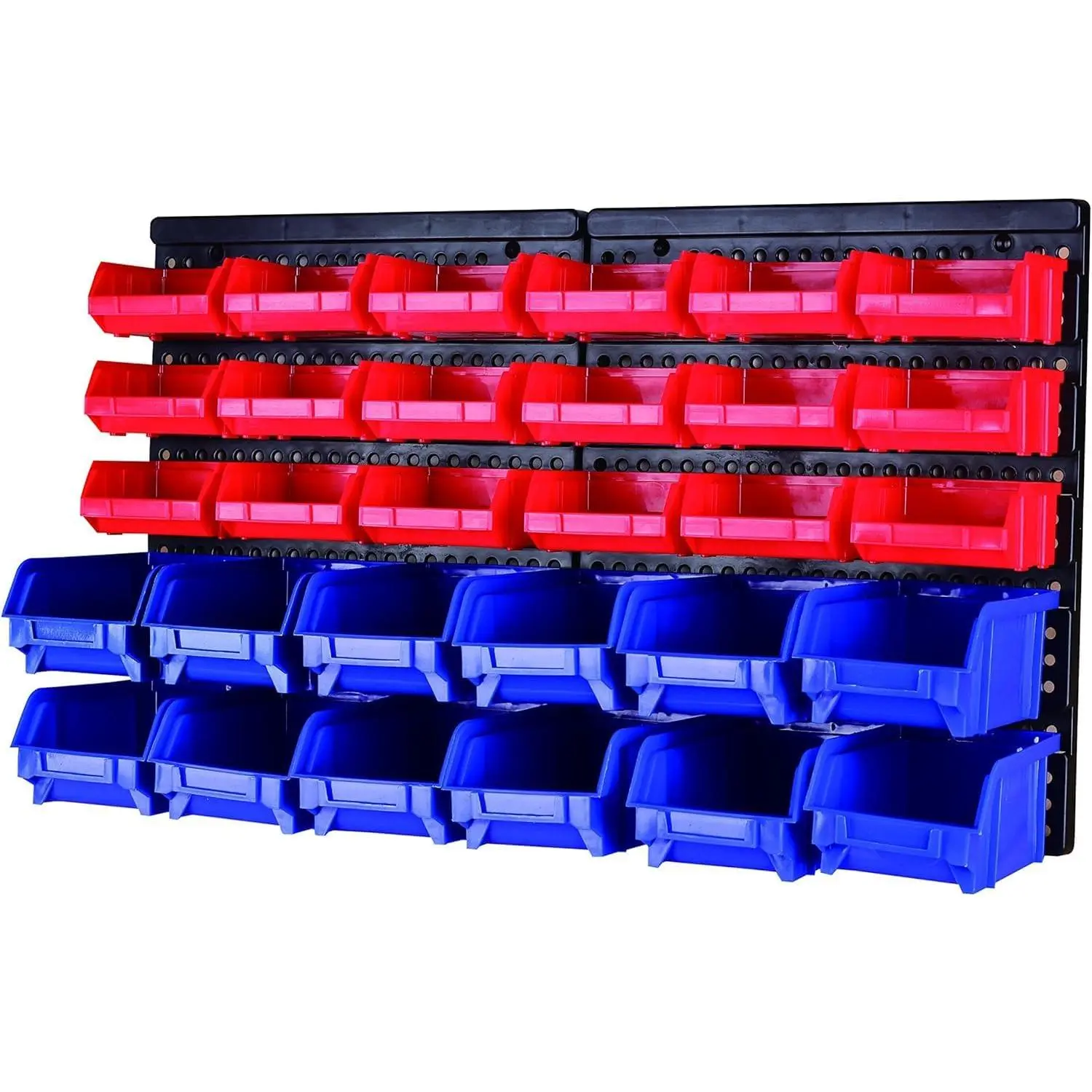 Wall Mount Storage Rack 30 Bin Heavy‑Duty Organizer for Nuts Bolts Screws Nails Beads Buttons and Small Parts for Garage Home and Workshop Blue and Red Bins (80694)