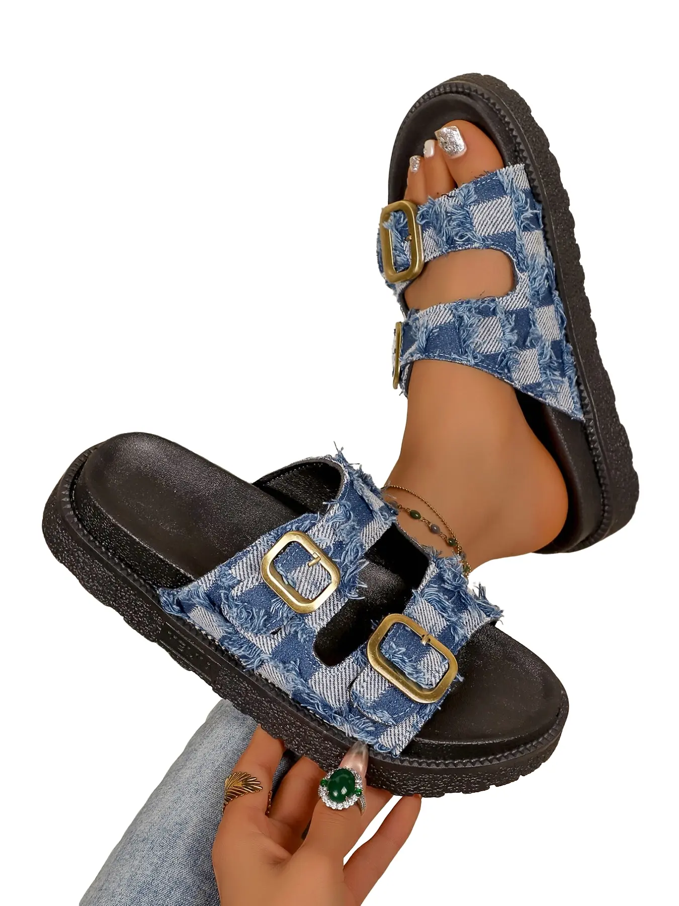 Women's Fashion Frayed Denim Platform Summer Slides, Vintage Checkerboard Buckle Sandals, Lightweight Non-Slip for Streetwear & Casual Outings