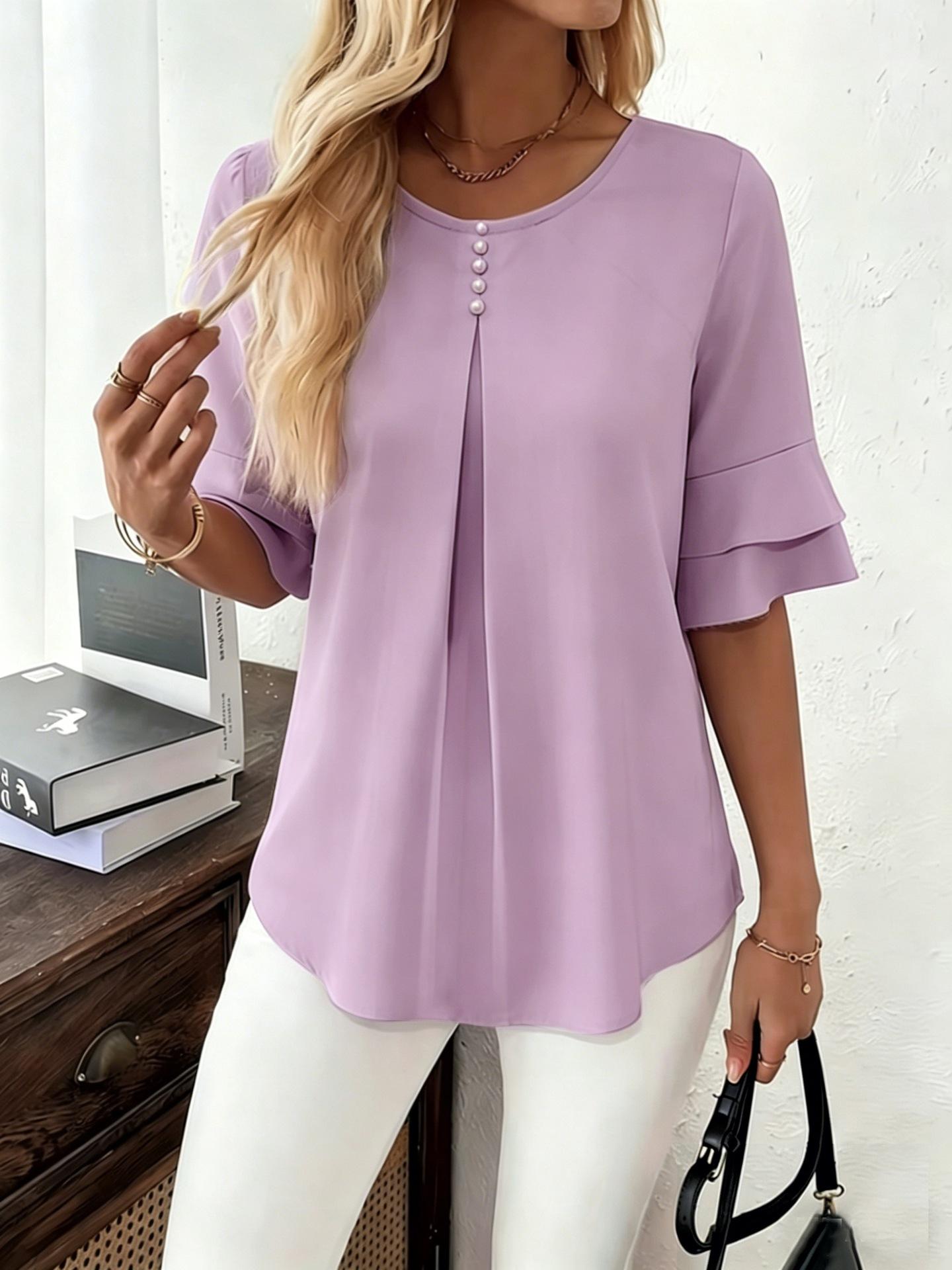 Womens Casual Ruffle Short Sleeve Blouse Double Layer Flutter Sleeve Shirt Loose Fit Slimming Top Polyester Comfortable Everyday Wear 2026 Summer Trendy Sweet Elegant Tunic Cute Work Office Apparel Flowy Basic Tee