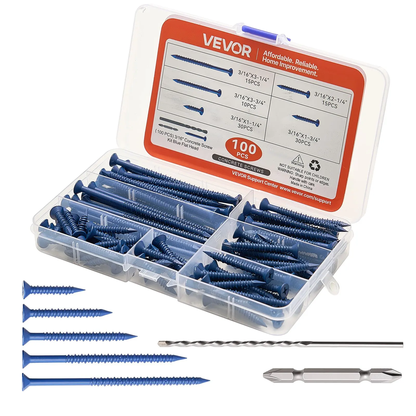 VEVOR Multi-Size Concrete Screws, 3/16 in, 100 PCS 5 Lengths, Phillips Flat Head, Rustproof Blue-Coated Carbon Steel Masonry Screws with Diamond-Tip Drill Bits, for Concrete, Masonry, Wood Anchoring