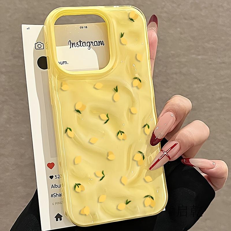 A protective case with a yellow lemon pattern design, featuring a wrinkled texture. This phone case is suitable for various iPhone models including 16/15/14/13/12/11 Pro Max/Plus. It's a popular birthday gift and business gift, durable and brand new, suit