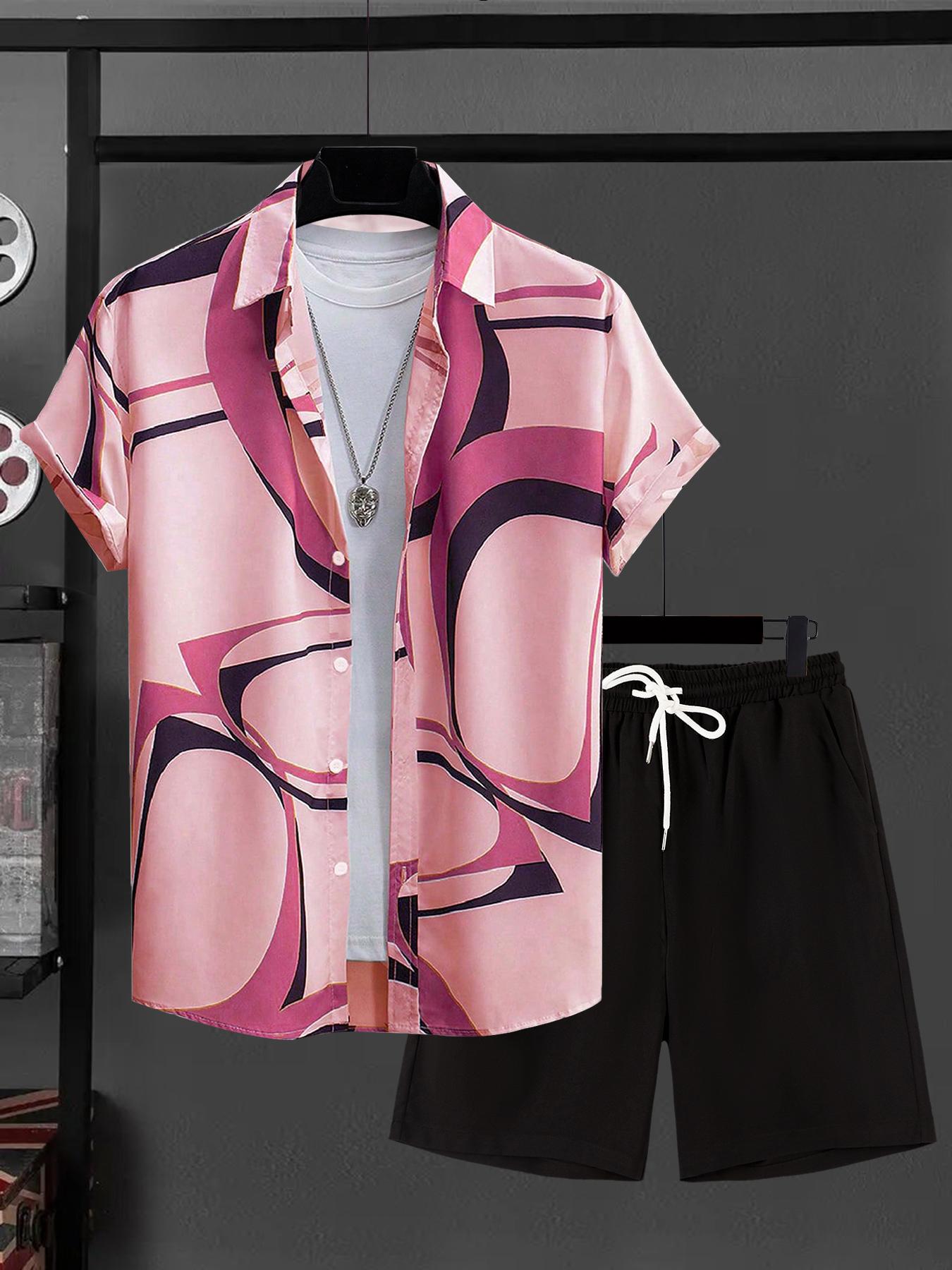 Two-Piece Set Men's Various Pattern Print Short Sleeve Pajama, Regular Fit Casual Comfy Button Front Collared Top & Drawstring Waist Pocket Design Shorts PJ Set, Men's Summer Sleepwear, Casual Pajamas Outfit