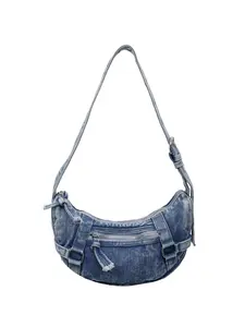Personalized Denim Crescent Bag, One-Shoulder Underarm Bag, Casual Textured Crossbody Messenger Bag, Ideal for Daily Use & Commuting