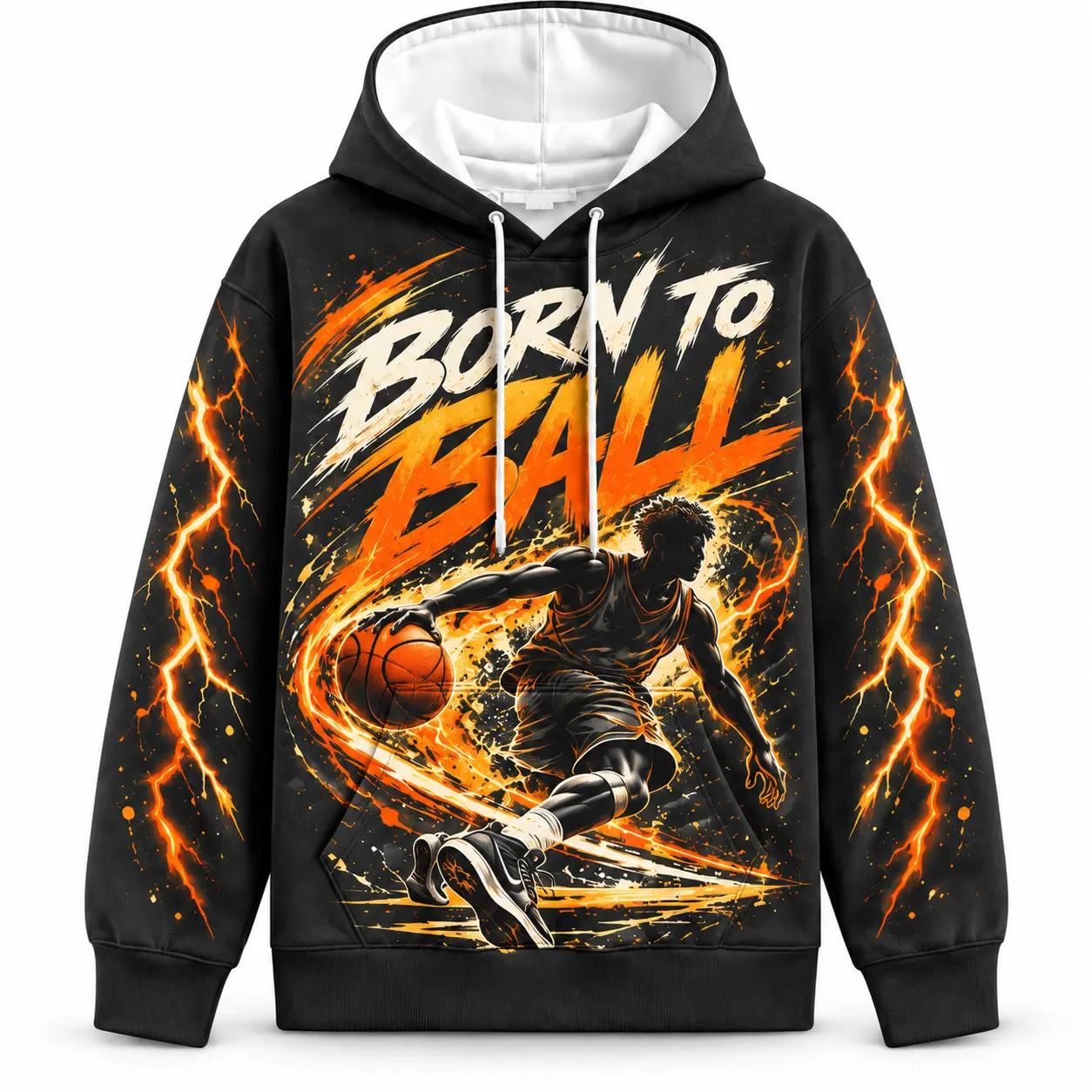 Basketball Graphic Pullover Hoodie Sweatshirt, Born to Ball Lightning Print with Basketball Player and Cracked Basketball Artwork, Front and Back Sports Design, Long Sleeve Streetwear Top for Game Day, Casual Outfits, Basketball Fan Gift Idea for Fall