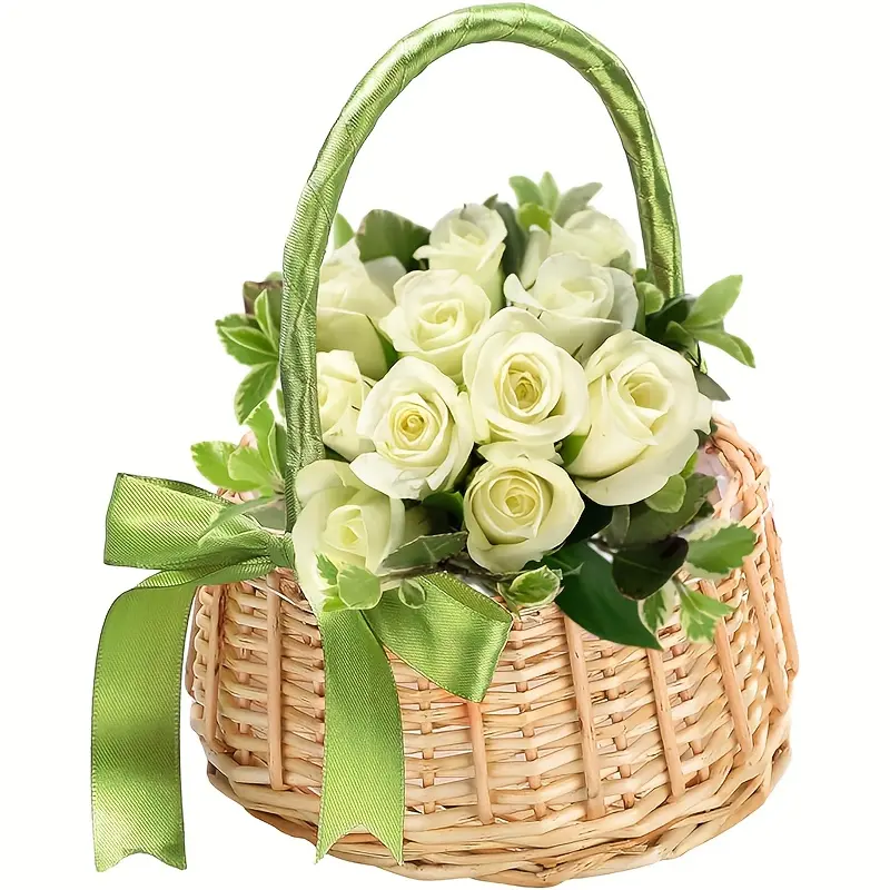 [Wedding Decor Baskets] Set of 2 Flower Baskets, Rustic Design with Ribbon, Small Handled Baskets, Wicker Flower Baskets for Wedding Decor, Shelf Baskets