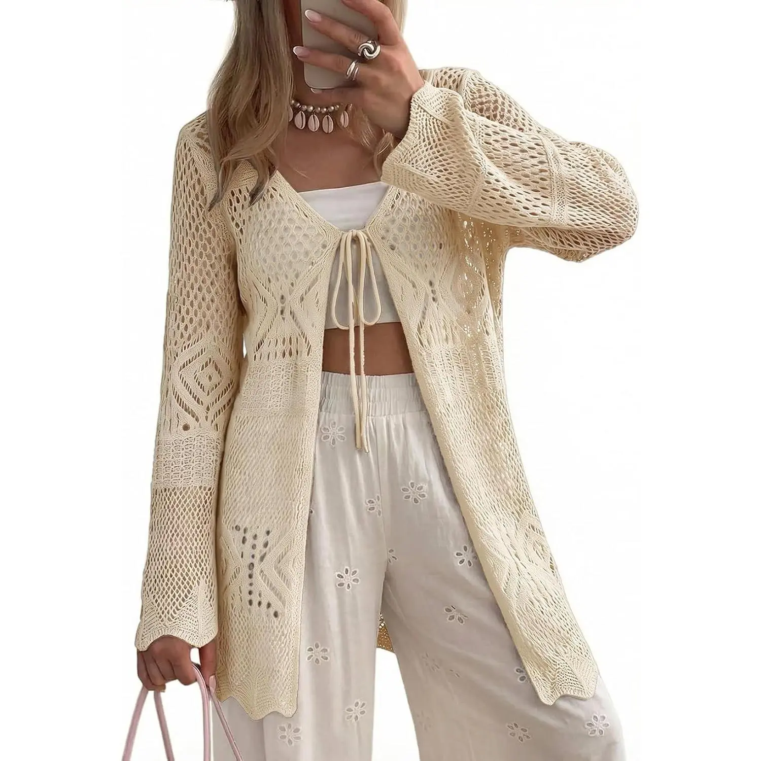 Women's Crochet Cardigan Long Sleeve Tie Front Bow Knit Sweater Hollow Out Summer Beach Vacation Cover-Up(Gift)