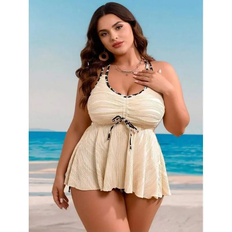 2026 New Plus Size Beige Crinkle Swimdress Tankini Set with Drawstring Waist and Tummy Control, Two-Piece Swimwear