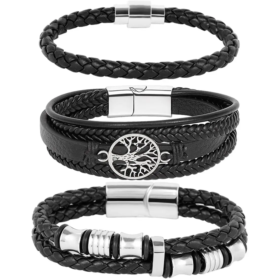 Men's Punk Leather Wrap Bracelets   Cowboy Black Cuff Stackle Wristbands for Man Woman