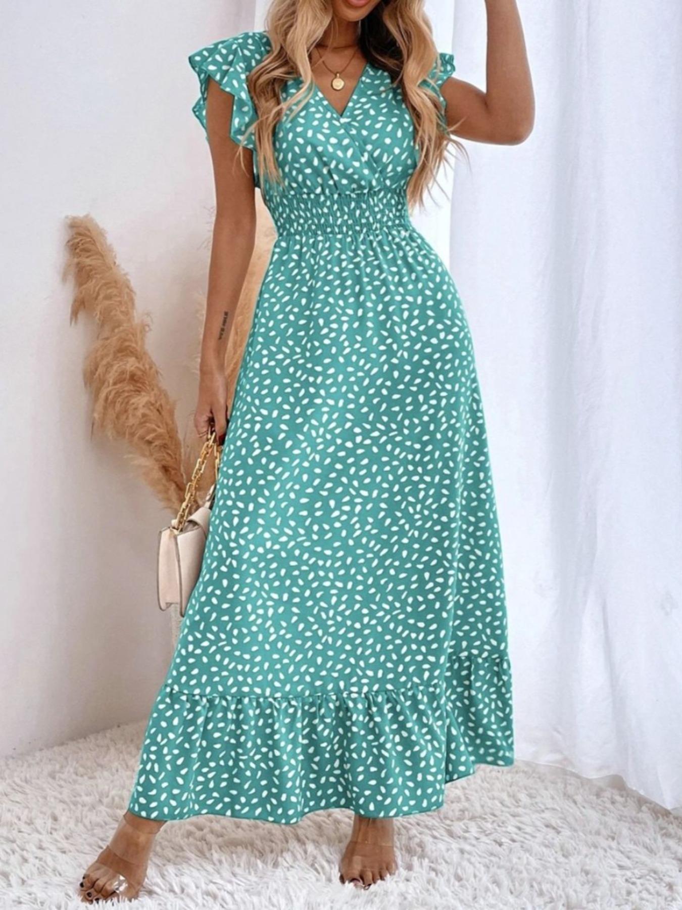 Women's Spring Summer Fashion Floral V Neck Ruffle Waist Slim Boho Dress, Long Cap Sleeve Fitted Wrap Dress for Vacation