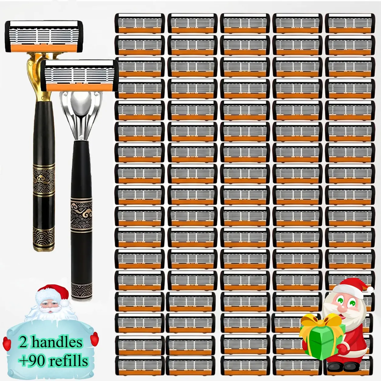 Men's 2-Handle 90-Piece 6-Layer Manual Shaving Tool Razor Set, Non-Slip Metal Handle, Durable Stainless Steel, Multiple Replaceable Blades, Manual Shaver