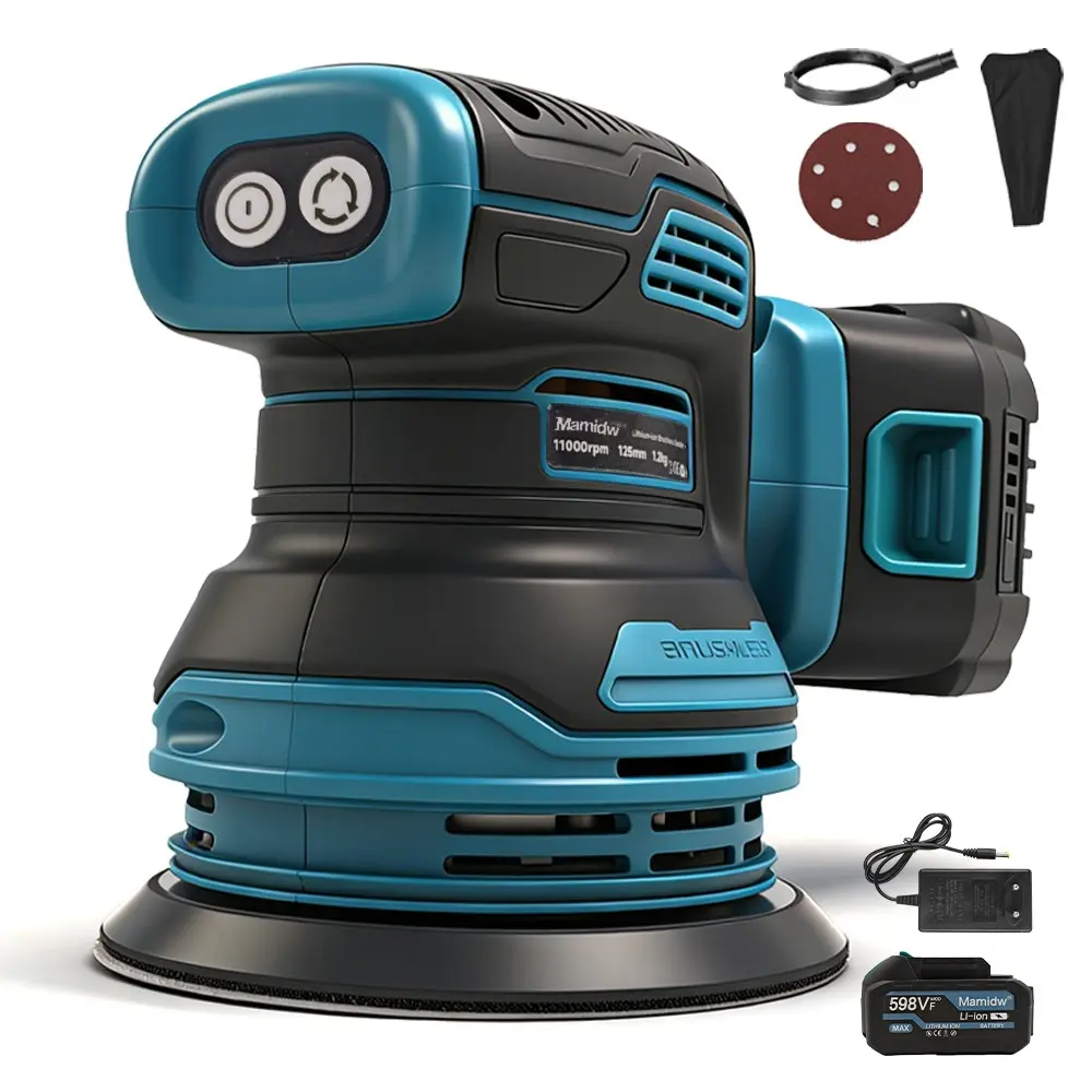 Brushless Orbital Sander, 8000-11000 OPM, Rubber Grip, Adhesive Quick-Change Sanding Sheet, 1-Handed Locking Dust Bag, Dust-Sealed Switch, Low-Profile Height for Precise Sanding on Wood Metal DIY, Equipped With Battery And Charger
