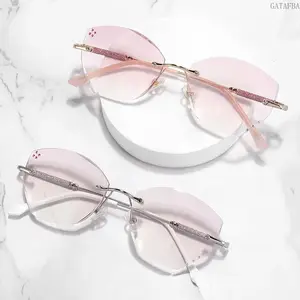 Frameless Rhinestone Reading Glasses Blue Light Blocking Blush Lens Stylish Eyewear for Computer Daily Use
