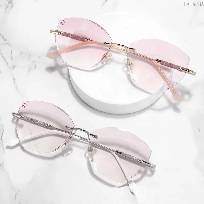Frameless Rhinestone Reading Glasses Blue Light Blocking Blush Lens Stylish Eyewear for Computer Daily Use