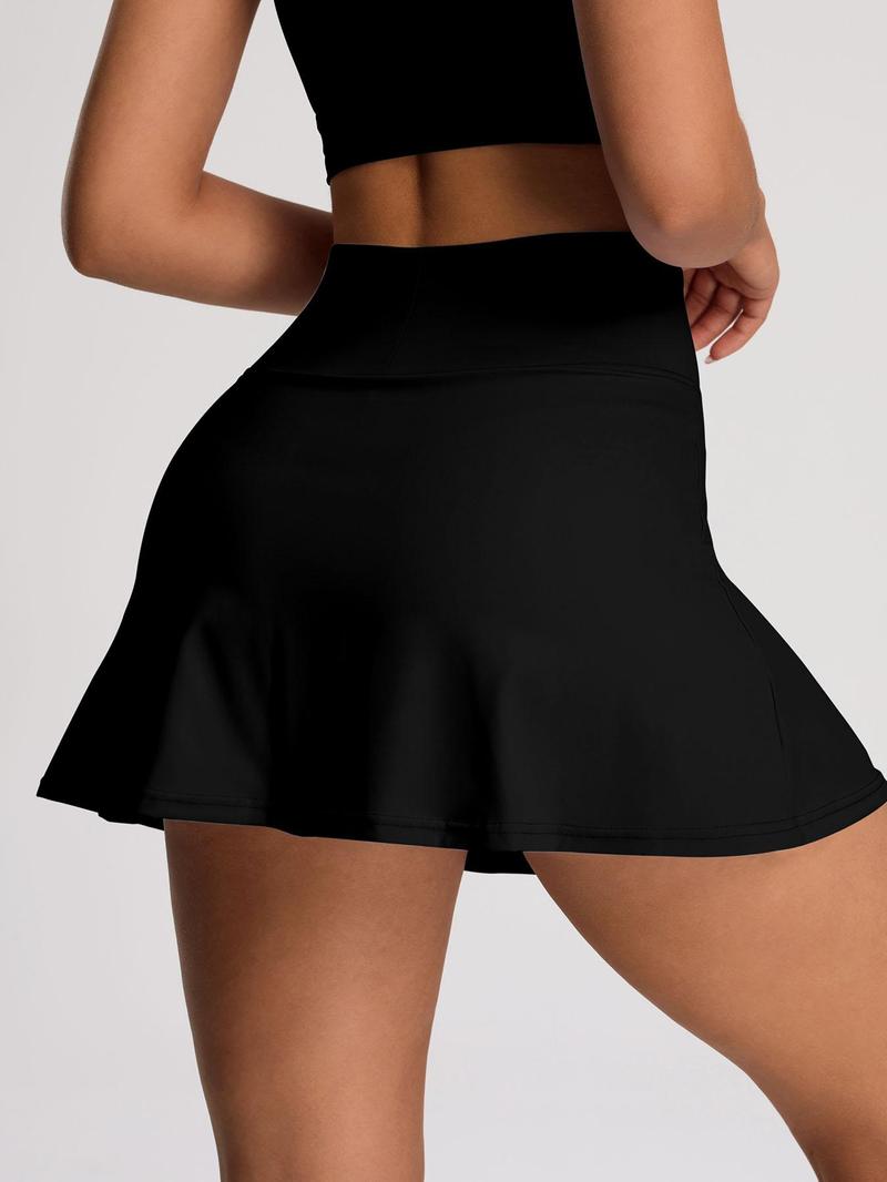 Women's Solid Color High Waist Sports Skort, Sporty Overlap Waist Mini Skirt with Panty, Ladies Sportswear for Tennis Golf Workout, Lightweight Athletic Skirts