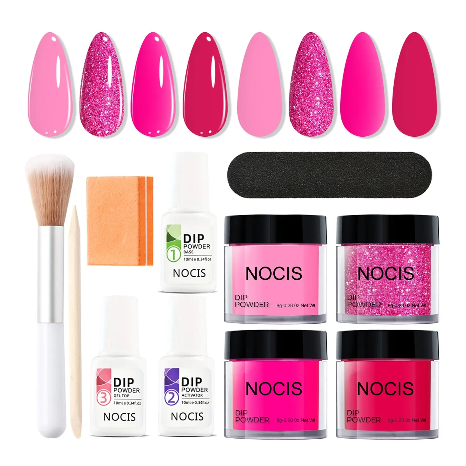 Nocis 4+3 Nail Dip Powder Kit, Nail Art, Glitter, Palette, Home Manicure Set, Includes Base Coat, Drying Agent, Top Coat, Pre-Treatment Tools