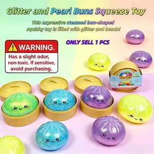 Glitter and Pearl Buns Squeeze Toy, Expressive Dumpling Soft Gel Toy, TPR Compression Toy with Glitter and Beads, Stress Relief Gift