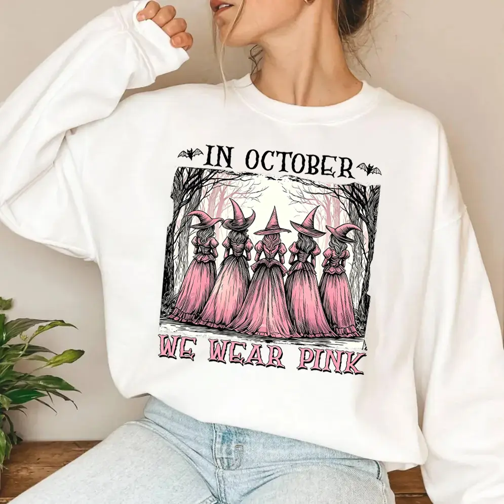 Women's Breast Cancer Awareness Halloween Oversized Crewneck Sweatshirt - October Pink Witch Forest Print, Fall Casual Comfortable Fabric Pullover for Birthday & Everyday Wear
