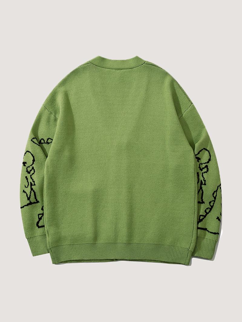 Men's Cartoon Dinosaur Print Pocket Button Front Cardigan, Loose Casual Drop Shoulder Long Sleeve V Neck Knitwear for Spring & Fall, Fashion Men's Knit Clothing for Daily Wear, Cartoon Print Sweater