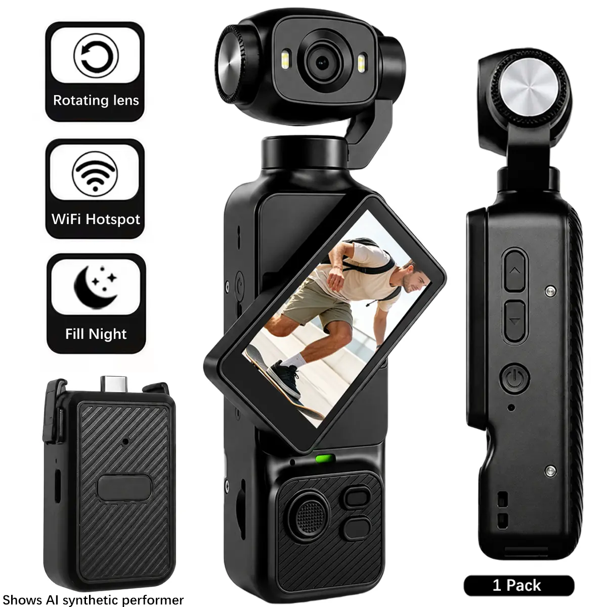 Creator Vlog Camera with Flip Screen, 1080P HD Pocket Camera with Rotating Lens, WiFi Video Camera with LED Fill Light for TikTok, YouTube, Travel Vlogs & Social Media