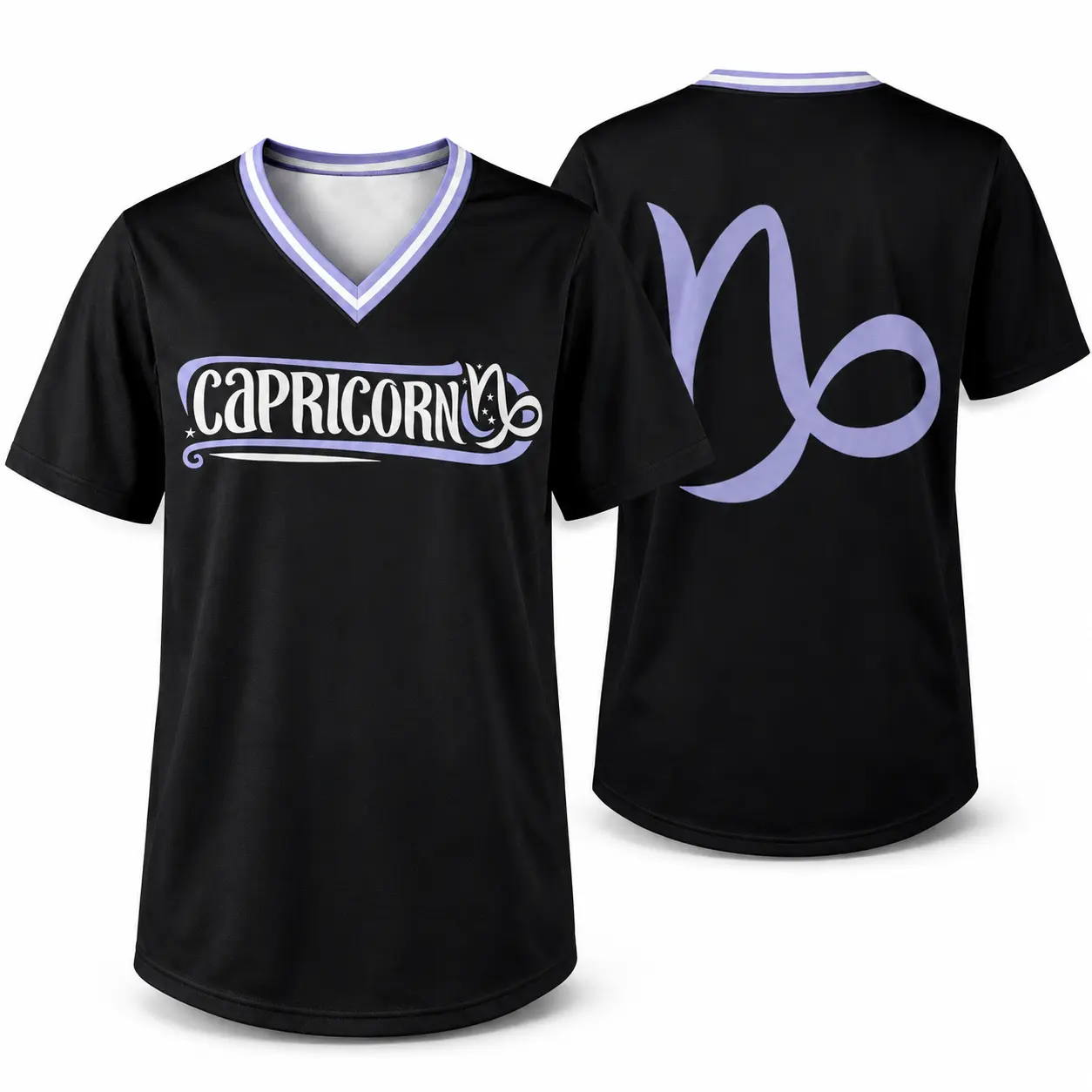 Zodiac Sign Graphic V-Neck Jersey Shirt for Men Women, Unisex Black Lavender Short Sleeve Polyester Fabric Top with Front Name & Back Symbol Printed Design, Lightweight Breathable Astrology Style for Daily Wear, Summer Outfits, Parties, Weekends ,,pyramid