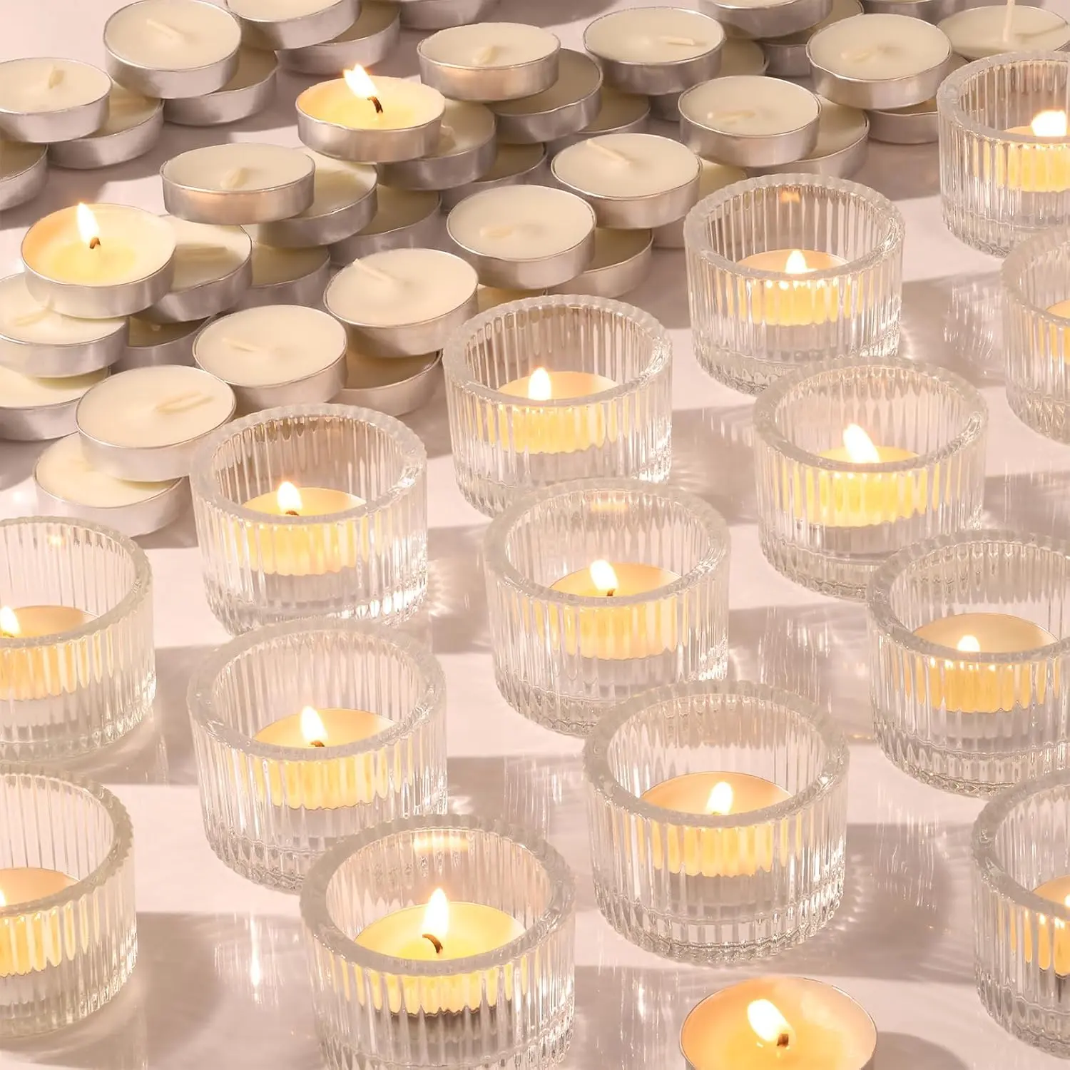 30Pcs Clear Ribbed Glass Votive Tealight Candle Holders with 32pcs Tea Light Candles, for Table Centerpiece Wedding Home and Holiday Decor