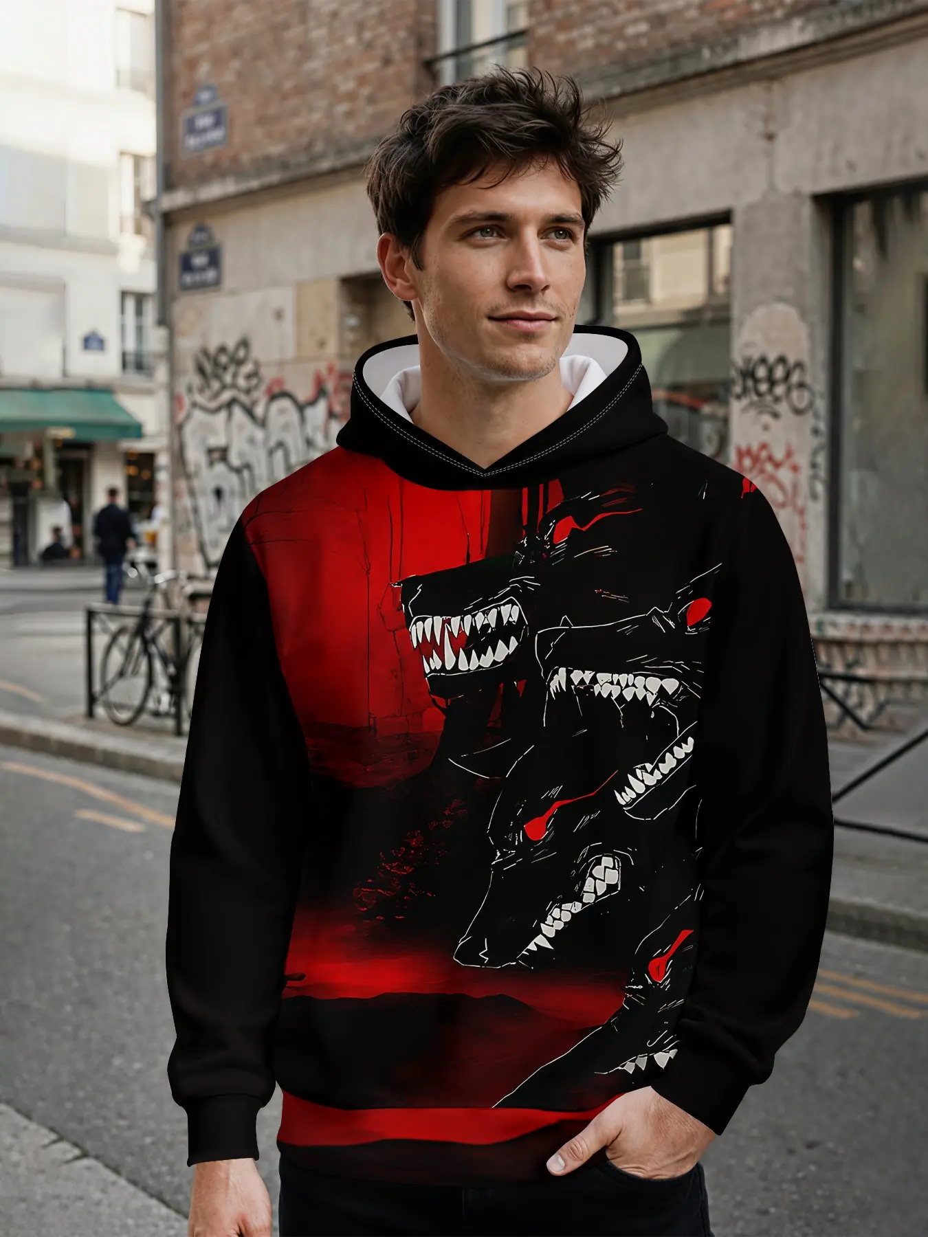 Men's Hooded Sweatshirt, Dark Three Wolf Head Cool Print, 3D Digital Full Print, Casual Spring & Fall Wear, Perfect Gift