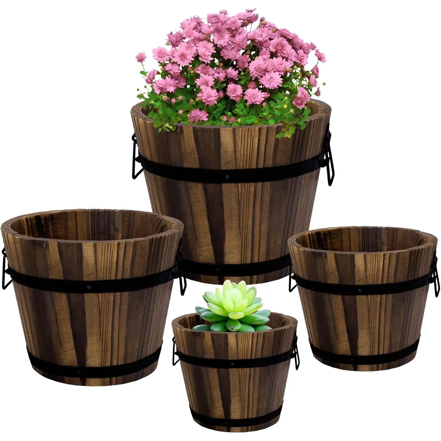 4 Pack Wooden  Barrel Planters - 4 Sizes Wooden Bucket Barrel Garden Planters Set - Rustic Flower Planters Pots Container for Indoor Outdoor Garden  (4.7",6.1",7.1",9")