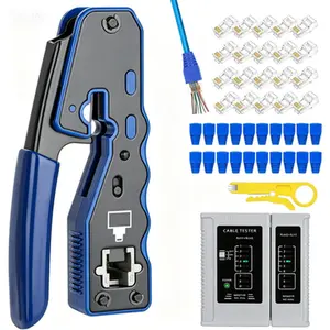 Pass Through Ethernet Crimper Kit for Cat5e Cat6 Cat6a 8P8C Connectors, All-in-One RJ45 Crimping Tool with Wire Tester, Reusable Design, No Glue Needed, Includes Pass Thru Modular Connectors, 9V Battery Not Included
