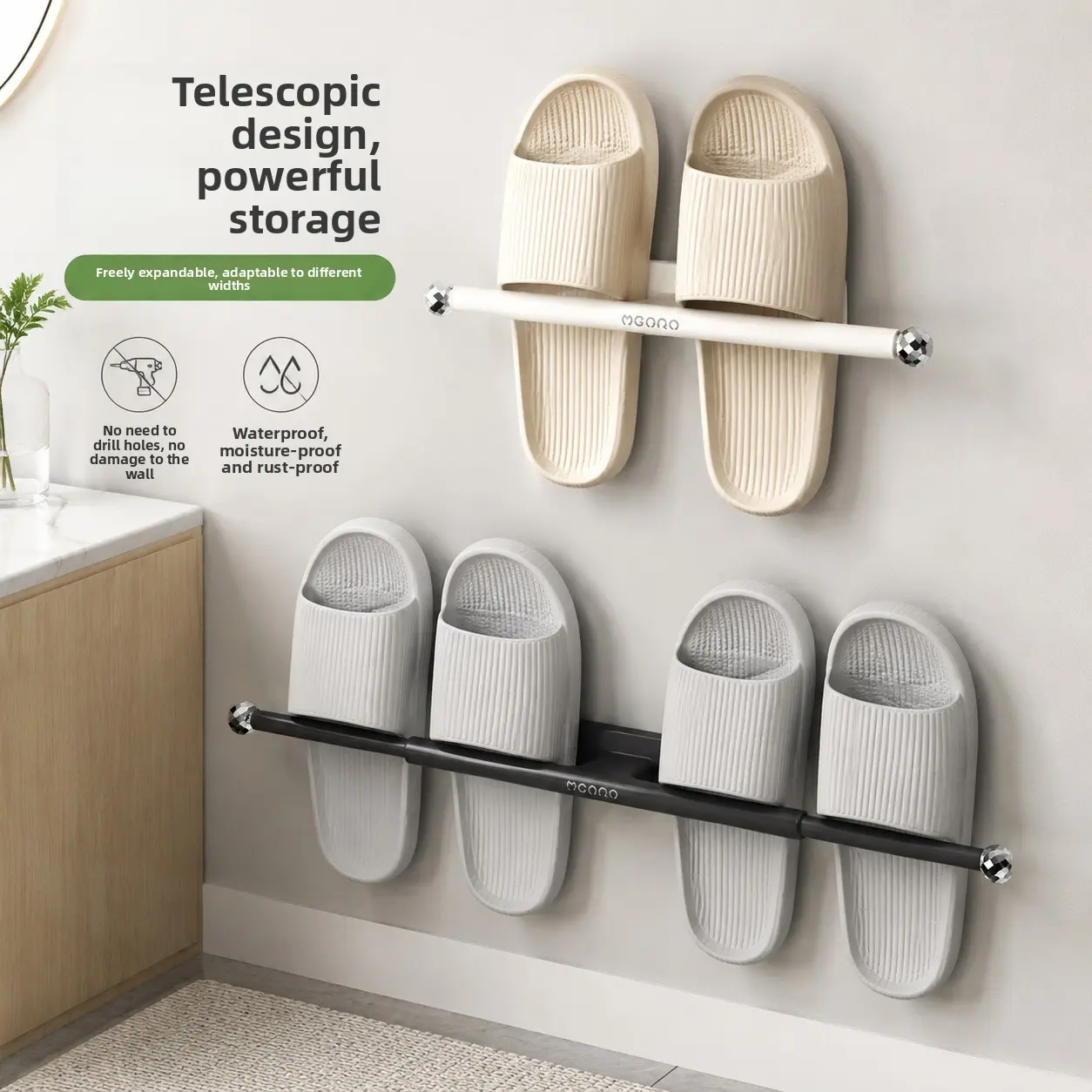 Fashionable non-perforated wall hanging rack for bathroom, extendable slipper rack, multi-functional towel rack for storage behind the bathroom door