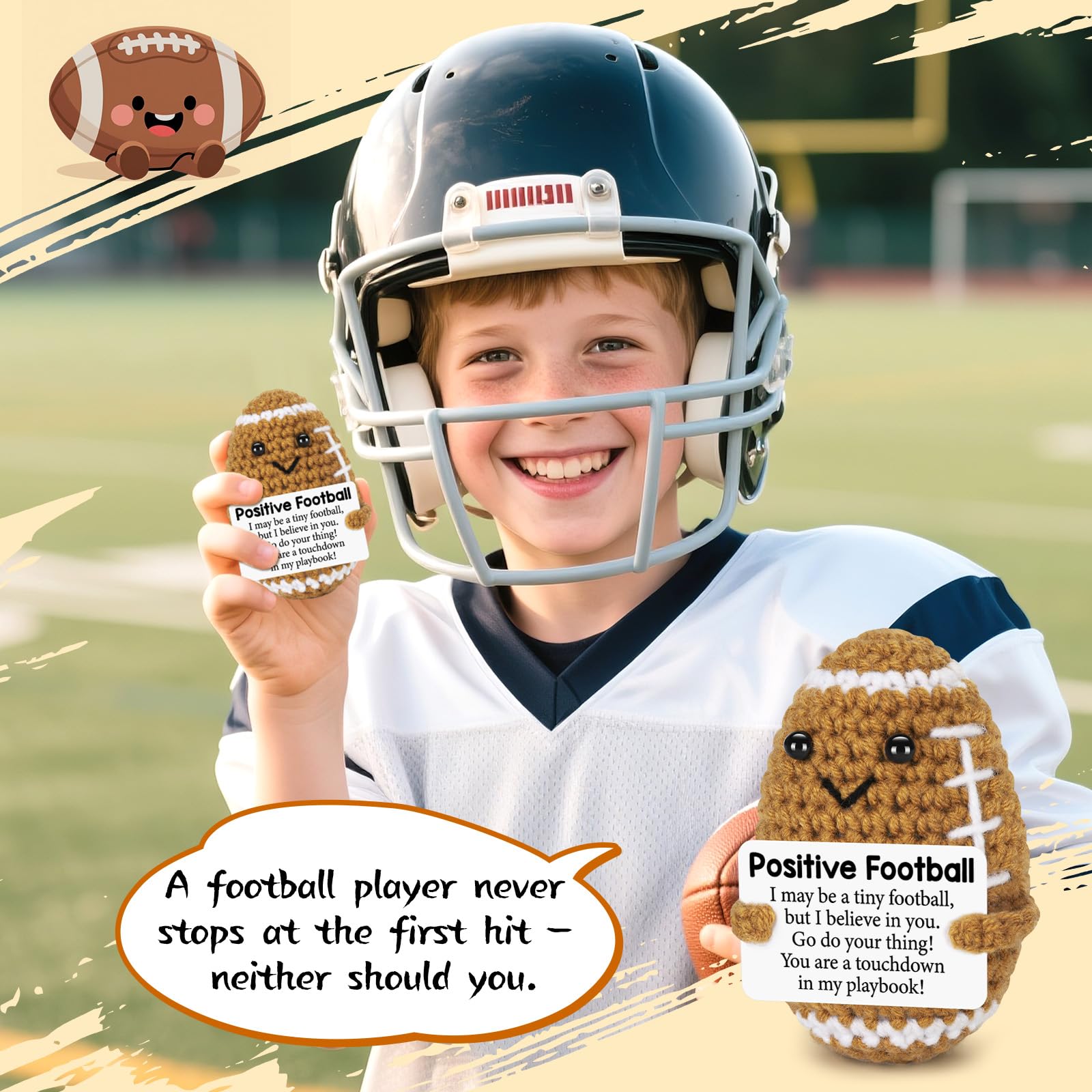 Adorable Hand Crochet Football Stuffed Toy Emotional Support Plush,Full Filling Soft No Odor Durable Colorfast,Perfect Birthday Gifts Teacher Appreciation Gifts For Women Men Him,Home Decor Desk Ornament Bag Pendant Healing Gift For Holiday Party Graduati