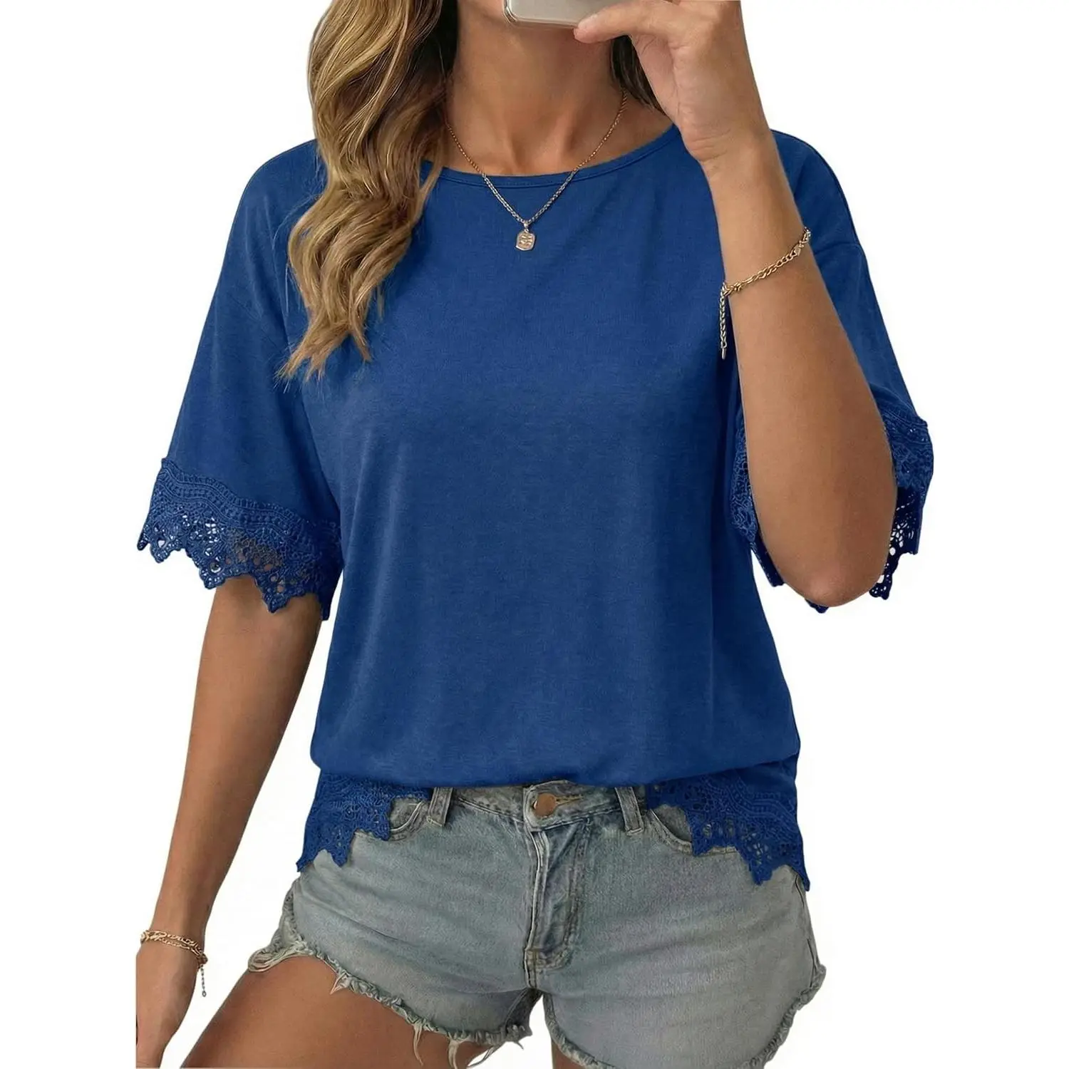 Womens Summer Tops 2026 Oversized Short Sleeve Shirts Casual Loose Lace Patchwork Tshirt Fashion Outfits
